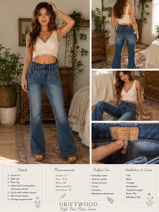 Driftwood Denim - Driftwood Farrah Sailor Flare Jeans Blue Medium Wash Button Front High Rise 27